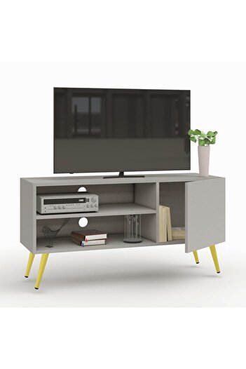 Mahmayi TV Stand, Upto 50-Inch TV Media Console with 2 Storage Cabinets 1 Storage Door-Light Grey