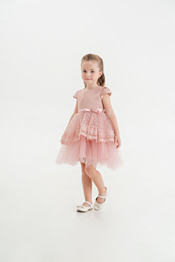 Eray Kids Girl's Evening Dress, Sectioned Tail, Matte Satin Bow Detail, 3-6 Years Old