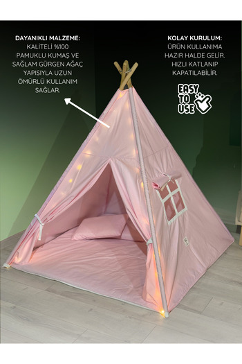 YHH Kids LumiTent Işıklı Çocuk Oyun Çadırı Kızıldereli Çadırı Oyun Evi Minder ve Yastıklı Pembe