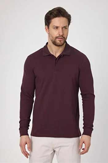 Frappoli Fonte Men's Burgundy 100% Cotton Pique Knitted Stretchy Fabric Slim Fit Long Sleeve Polo T-Shirt