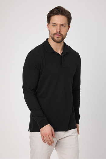Frappoli Fonte Men's Black 100% Cotton Pique Knitted Stretchy Fabric Slim Fit Long Sleeve Polo T-Shirt