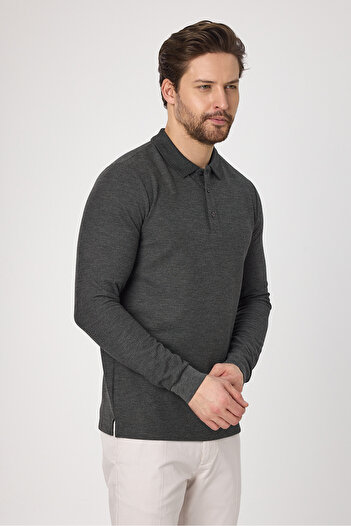 Frappoli Lewin Men's Anthracite 100% Cotton Waffle-Free Stretching Fabric Slim Fit Long Sleeve Polo T-Shirt
