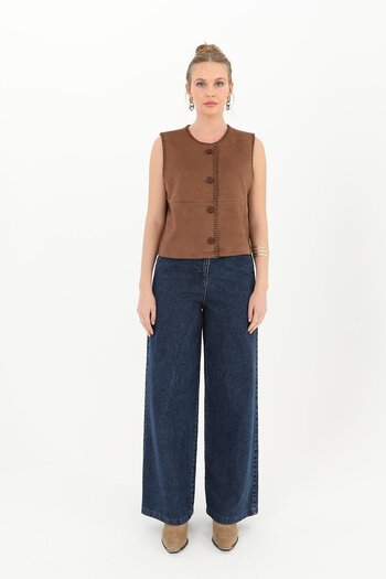 Puane Women's Button Detailed Suede Vest - 10600Ylk - Brown