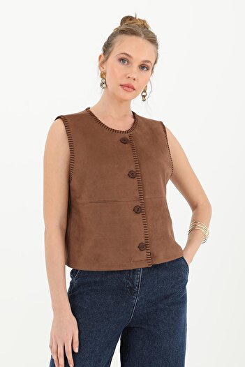 Puane Women's Button Detailed Suede Vest - 10600Ylk - Brown