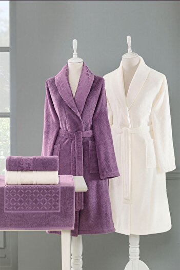 Özdilek Blossom Happy Family Bathrobe Set - Plum Cream Colored