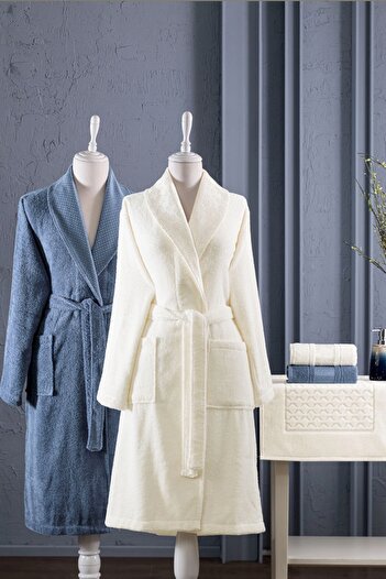 Özdilek Blossom Happy Family Bathrobe Set - Cream Color and Indigo