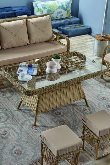 Evdemo Edra Rattan Puflu Bahçe Balkon Takımı 3+1+1+Camlı Masa Cappuccino