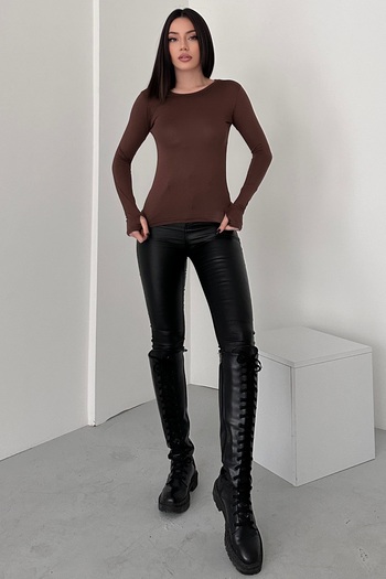 New Now Women's Black Finger Detailed Bodysuit