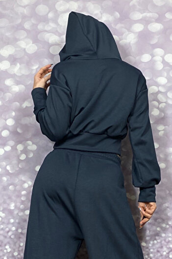 Quincey Hooded Smoked Crop Low Shoulder Bluz/Sweatshirt