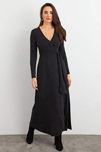 Cool & Sexy Women's Anthracite Double Breasted Tie-Up Midi Dress Ey3020