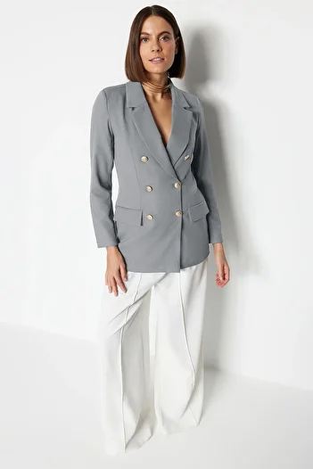 Trendyol Collection Graue, übergroße, gefütterte, zweireihige Blazerjacke aus Webstoff TWOSS20CE0024