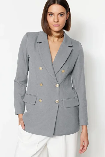 Trendyol Collection Graue, übergroße, gefütterte, zweireihige Blazerjacke aus Webstoff TWOSS20CE0024
