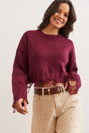Olalook Women's Burgundy Laser Ripped Detailed Soft Textured Knitwear Sweater Kzk- 19000885