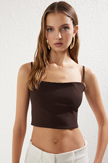 Trendyol Collection Dark Brown Strapless Crop Woven Bustier Tprss25Bs00012