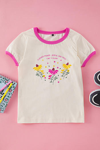 TRENDYOLKIDS Πλεκτό εκρού μπλουζάκι - εμπριμέ, TKDSS25TS00072
