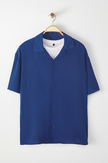 Trendyol Collection Indigo Oversize Fit letní plátěná košile s krátkým rukávem TMNSS24GO00019