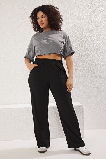 Trendyol Curve Black High Waist Wide Leg Knitted Trousers Tbbss25Ar00005