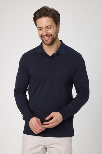 Frappoli Fonte Men's Navy Blue 100% Cotton Pique Knitted Stretchy Fabric Slim Fit Long Sleeve Polo T-Shirt