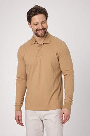 Frappoli Fonte Men's Beige 100% Cotton Pique Knitted Stretchy Fabric Slim Fit Long Sleeve Polo T-Shirt