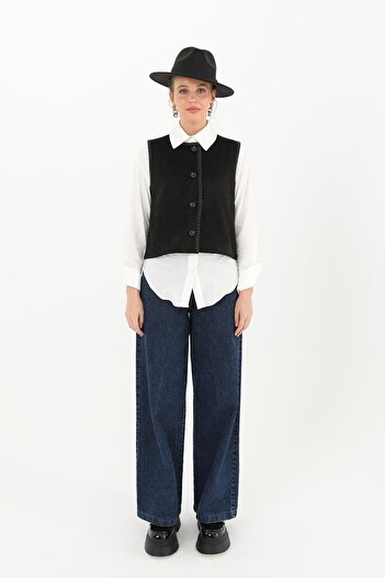 Puane Women's Button Detailed Suede Vest - 10600Ylk - Black