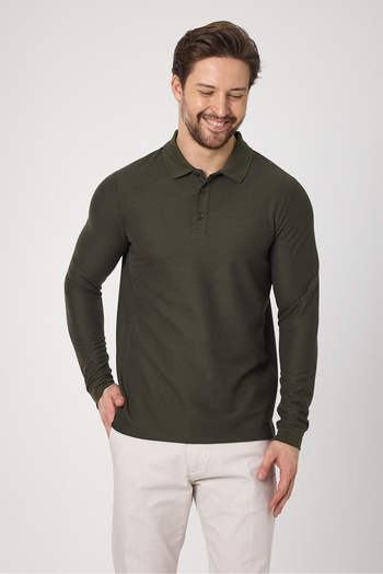 Frappoli Men's 100% Cotton Waffle-Free Stretching Fabric Slim Fit Long Sleeve Polo T-Shirt