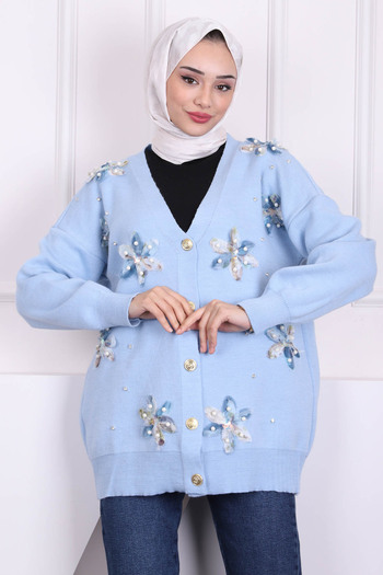 İmajButik Baby Blue Floral Detailed Knitwear Cardigan