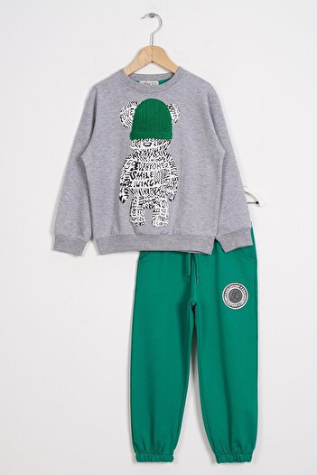 zepkids Crew Neck Long Sleeve Bear Printed Gray Benetton Color Boy's Tracksuit