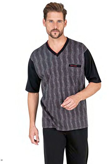 Pierre Cardin 6052 Men's Short Sleeve Jacquard 3-Piece Pajamas Set-Black