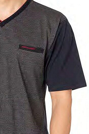 Pierre Cardin 6089 Men's Short Sleeve 3-Piece Jacquard Pajamas Set-Navy Blue