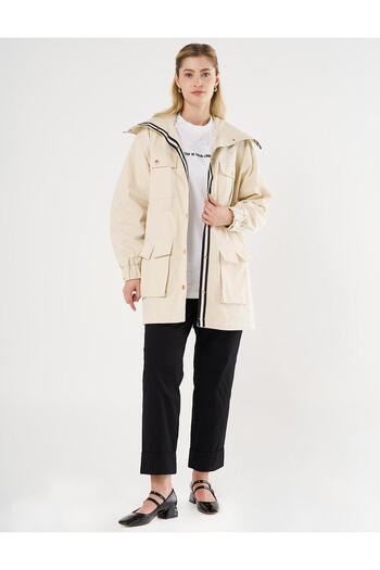 Kayra Cream Stand Collar and Waist Drawstring Cap