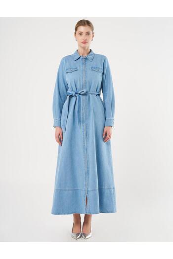 Kayra Denim Dress with Flap Pockets and Sashes Ice Blue