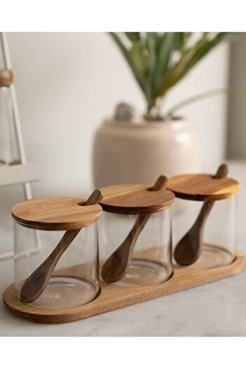 Sillage Home 3-Piece Acacia Stand Jar Set with Lid and Spoon