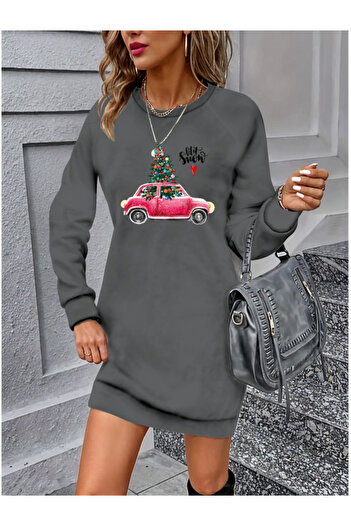 buğrahayalin Women's Long Sleeve Crew Neck Print Viscose Two Thread Dress