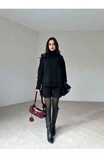 Mooi Butik RORY Set 2585 - Pulover cu gât și fustă plisată - Negru