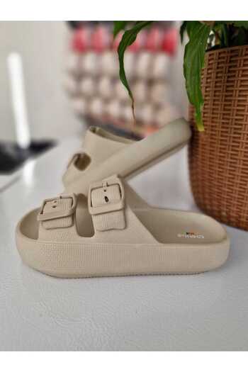 AkınalBella Child Beige Double Buckle Light Anti-Slip Sole Slippers