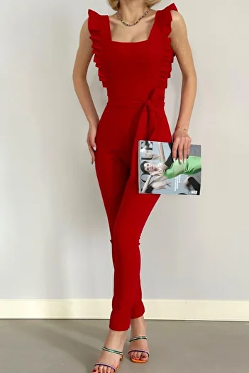 Mossta Frilly Sleeve Belted Square Collar Crepe Jumpsuit