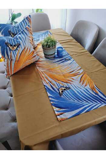 Ardizayn Mustard, Velvet Fabric, Digital Printed (Table Cloth - Runner - 2 Kirlent Case) Set of 3