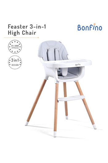 Bonfino Feaster 3-in-1 High Chair with 5-Point Safety Harness, Removable Tray, Light Grey