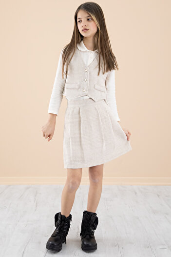 Cansın Mini 3-Piece Set for Girl with Cream Glitter Shirt and Vest and Skirt - 20235
