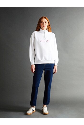 LC Waikiki Lcw Vision White Stand Collar Printed Oversize Women's Thick Sweatshirt