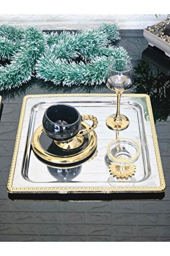 atabey home collection 6 Adet Kahve & Çay & Sunum Tepsisi DELUXE BOY 27 CM KARE ÇERÇEVELİ SERVİS SUNUM TEPSİSİ