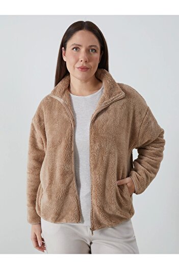 LC Waikiki Lcwaıkı Basic Brown Stand Collar Plush Women's Zippered Sweatshirt