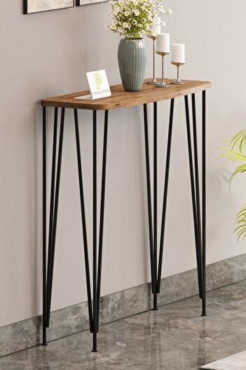 Pinhal Home 120 cm Atlantik Çam Dresuar Kahve Köşesi Konsol Modern Raf Metal Boru Siyah Ayaklı