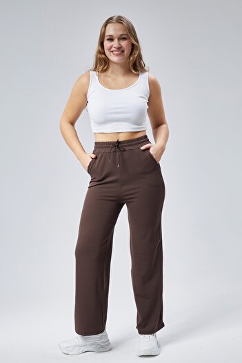 BANEGA Women's Brown Ribbed Leggings - Pipe Leg Sweatpants with Double Pockets and Elastic Waist
