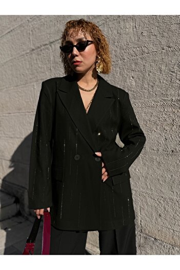 Bak'ap Premium Astarlı Vatkalı Parlak Taşlı Süit Düğmeli Blazer Ceket