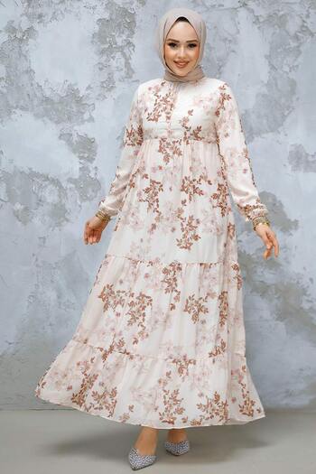 Neva Style Φόρεμα Hijab με λουλούδια καφέ 22054KH
