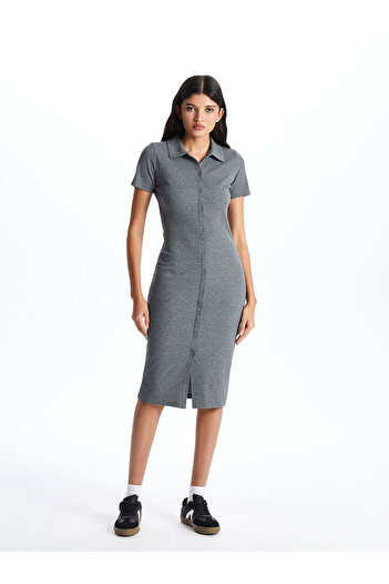 LC Waikiki Peak New Season Polo Neck Solid Short Sleeve Women Bodycon Dress