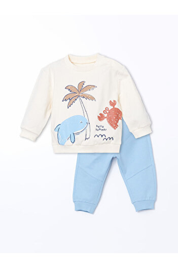 LC Waikiki Crew Neck Printed Sweatshirt and Sweatpants for Baby Boy - Set of 2