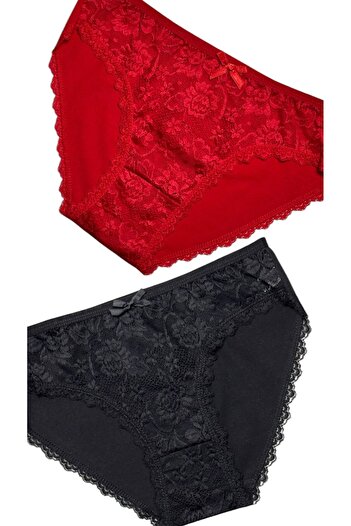 Gizli Butik Κόκκινο μαύρο σετ 2 βαμβακερά εσώρουχα μπικίνι με δαντέλα
