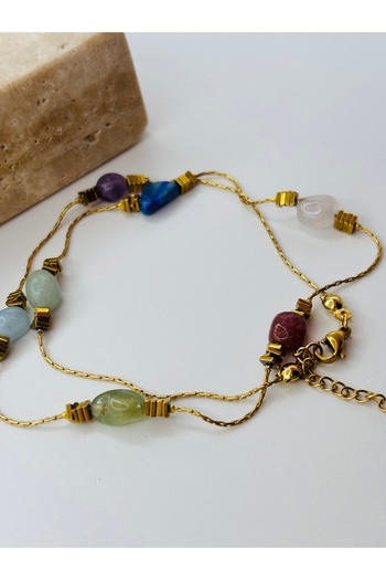By Song Aksesuar Lapislazuli, pembe kuvars, ametist, aquamarin, aventurin, cilek kuvars doğaltaşlı çelik zincir kolye